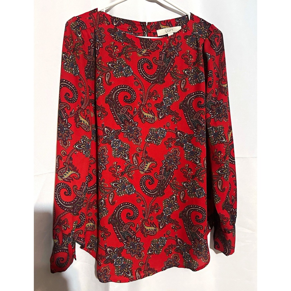 LOFT Women's Red Multicolor Paisley Round Neck Long Sleeve Blouse Size S